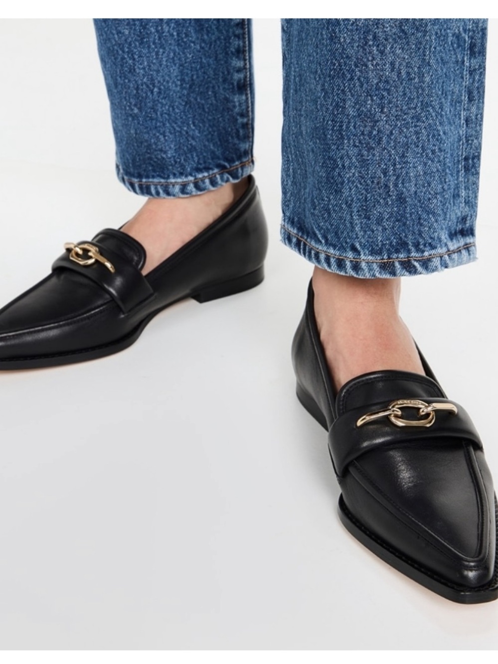 Anine Bing Selma Loafers, Black Leather Pointed Loafers with Gold Chain